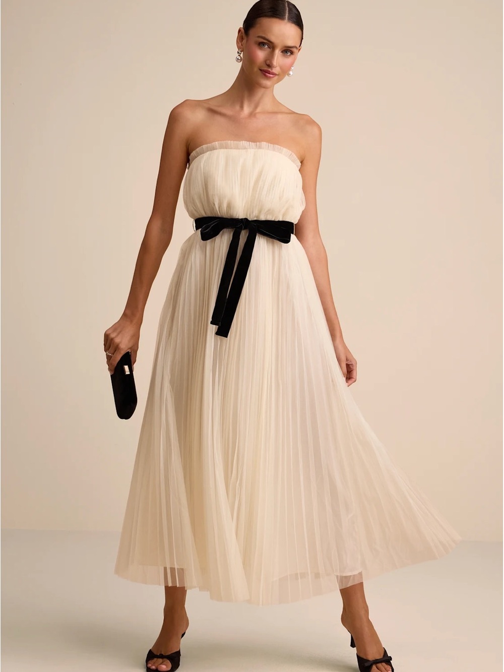 Lulu's Cream Strapless Pleated Midi Dress with Black Velvet Bow
